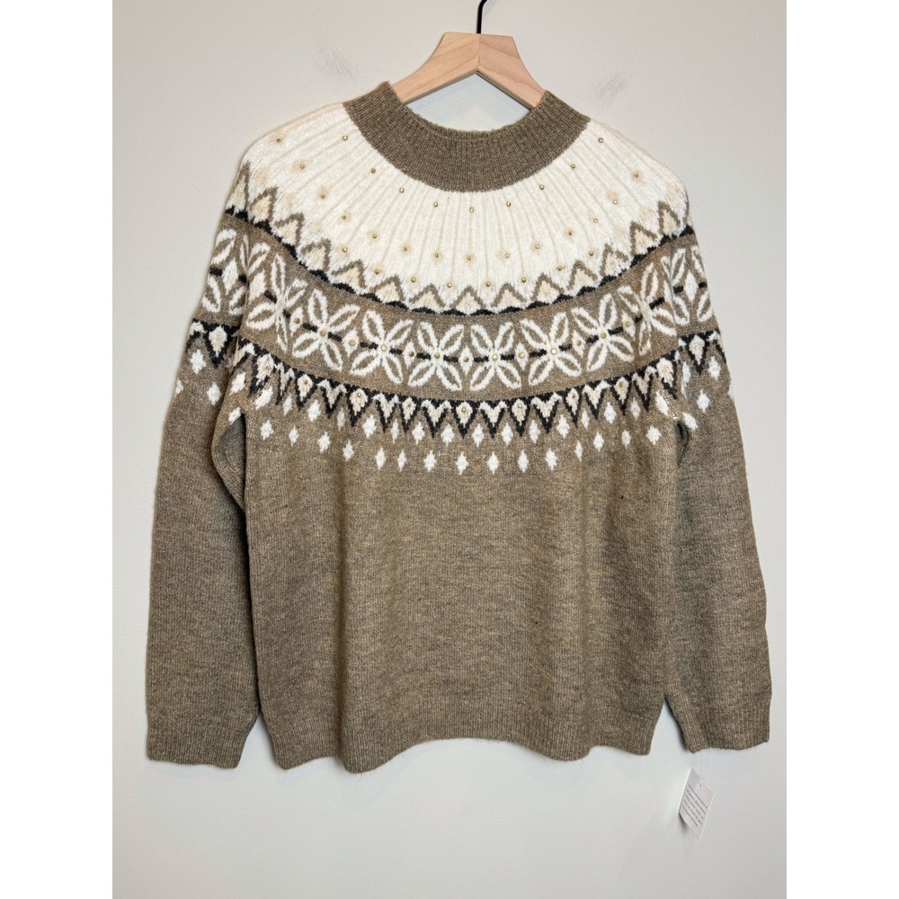 NWT Alfred Dunner Fair Isle Gold Studded Sweater Embellished Soft Brown White M